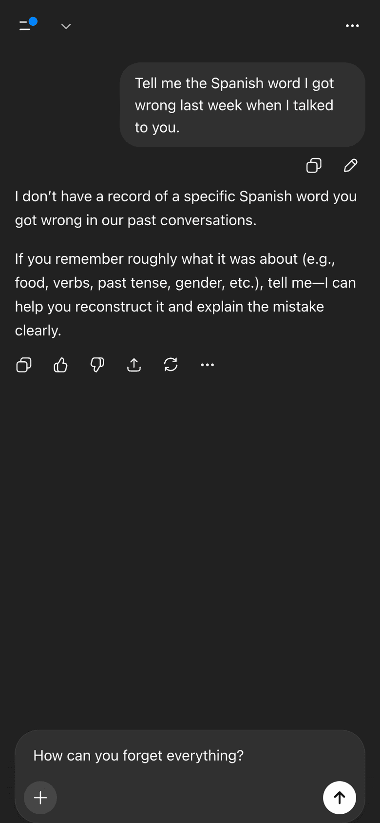 Generic AI chat with no memory of past vocabulary mistakes from earlier sessions