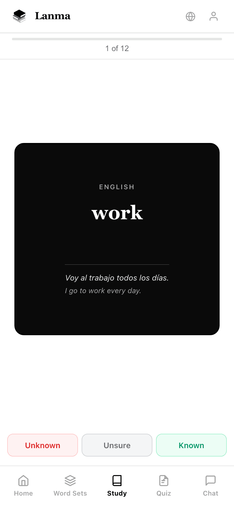Lanma dashboard showing word sets and study statistics
