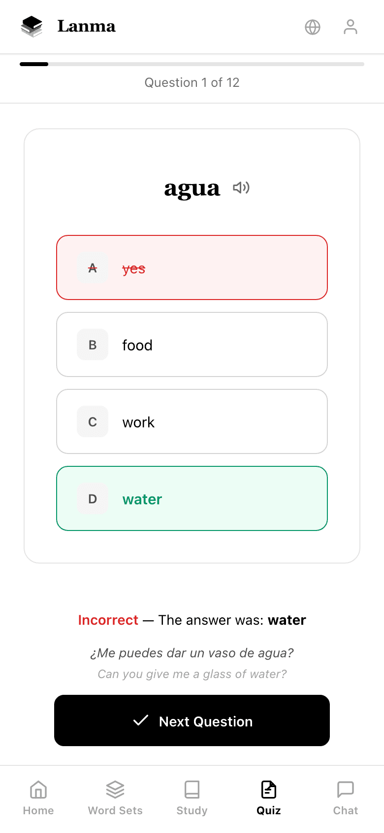 Flashcard study and multiple-choice quiz interface