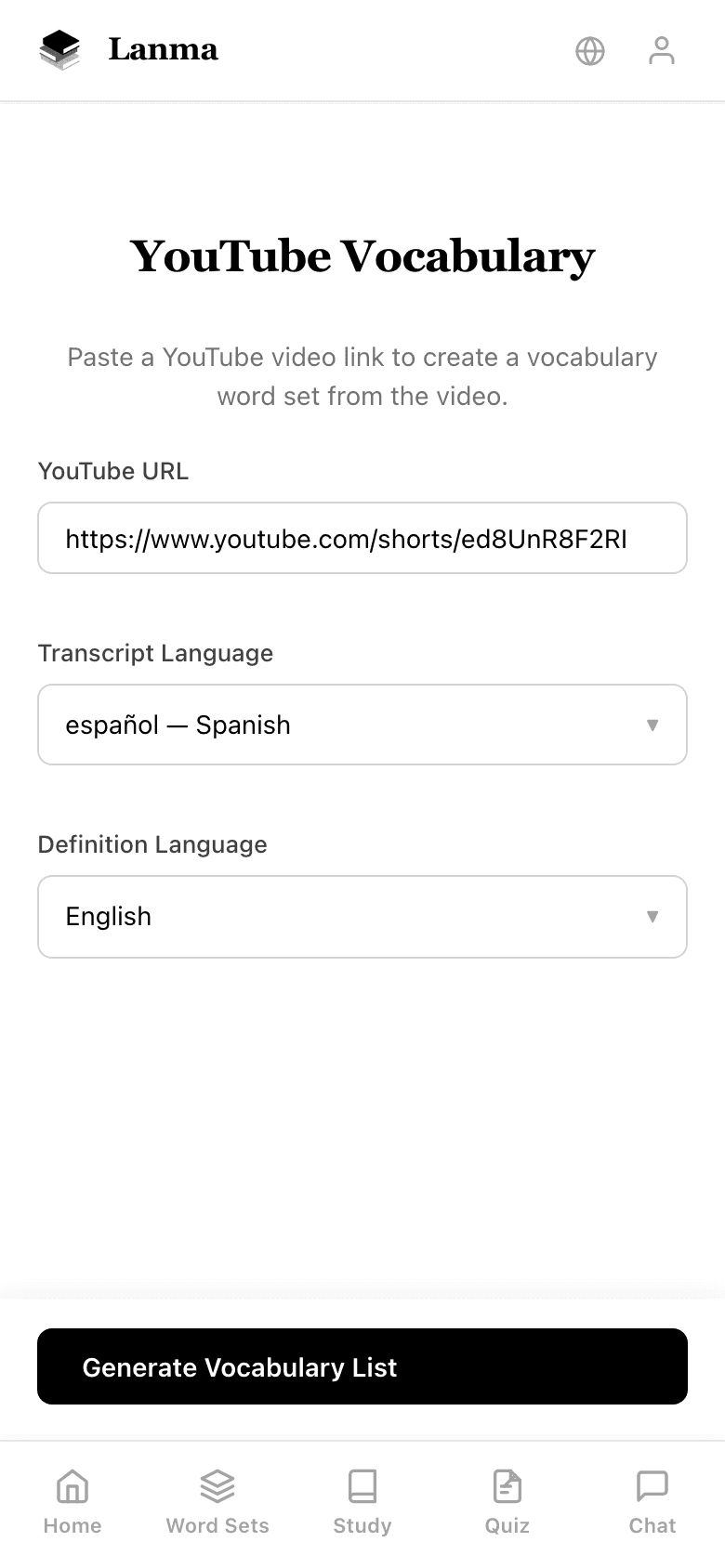 YouTube vocabulary generation interface