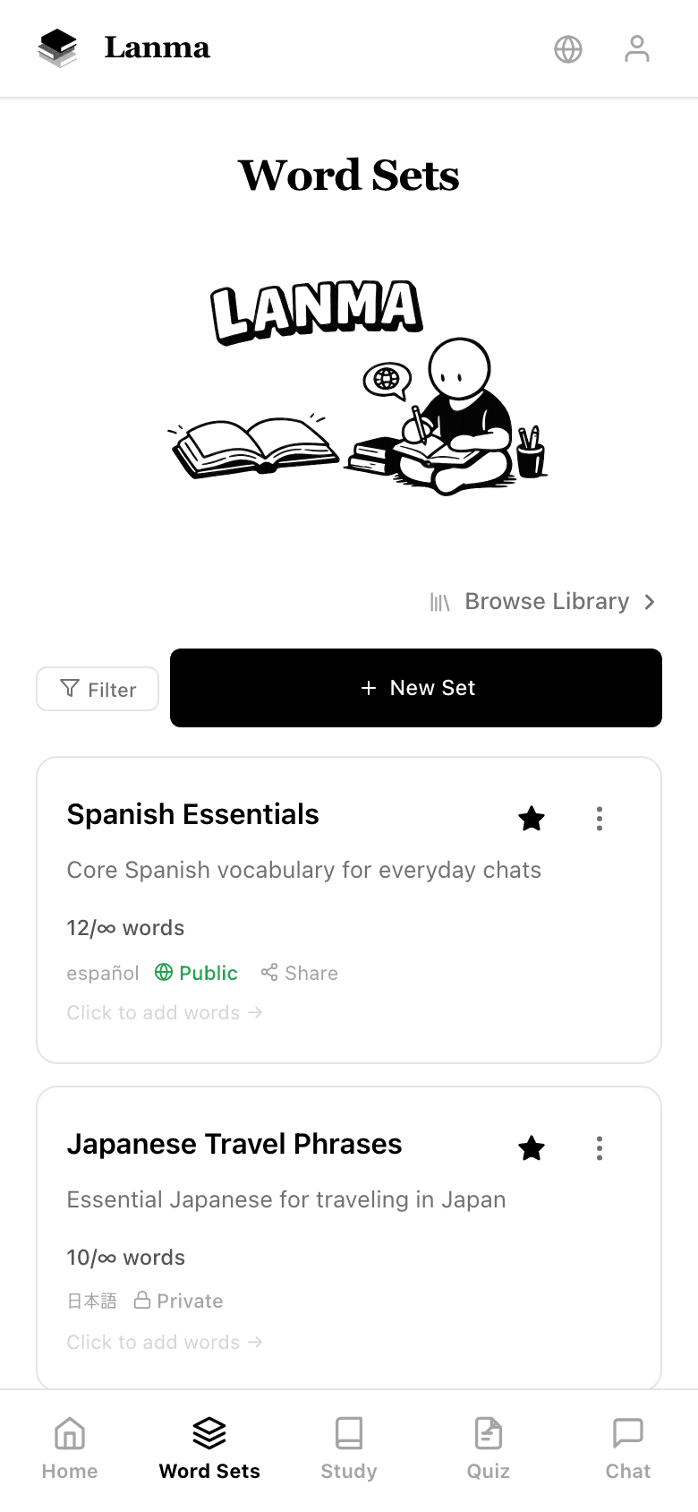 Lanma dashboard showing word sets and study statistics