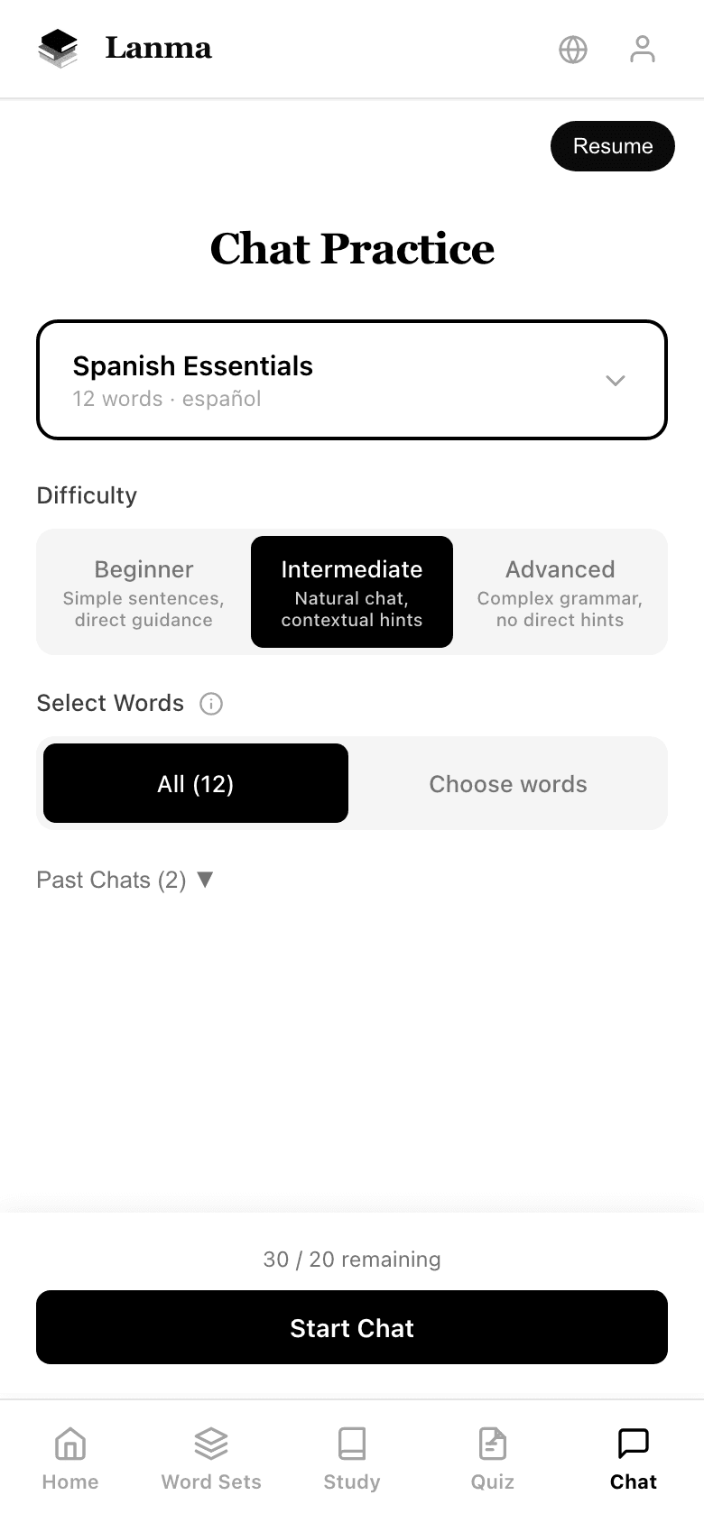 Lanma dashboard showing word sets and study statistics
