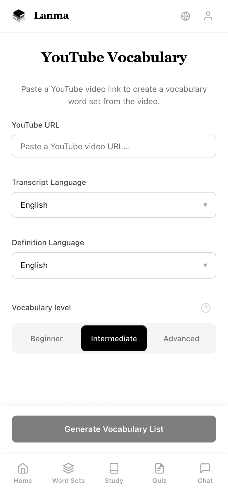 Paste a YouTube URL to extract vocabulary