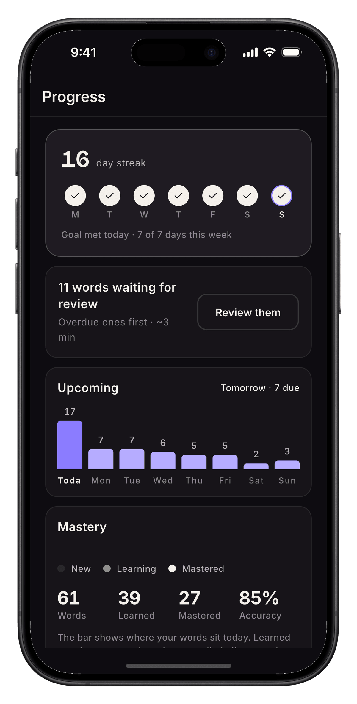 A quiz answer and the progress screen with mastery levels
