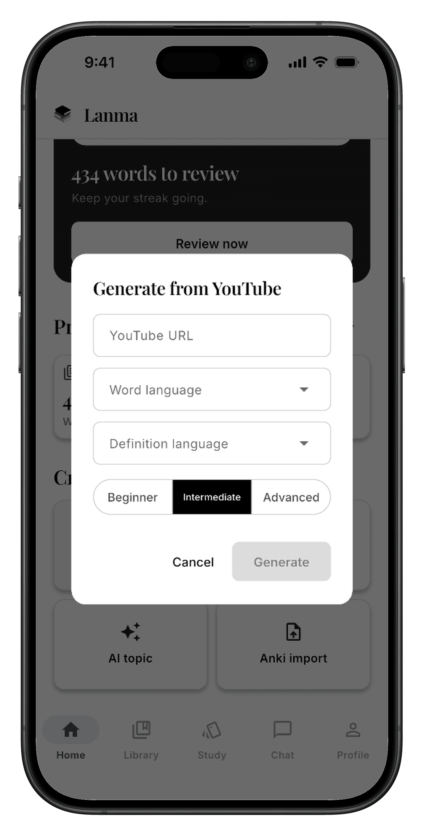 Paste a YouTube URL to extract vocabulary